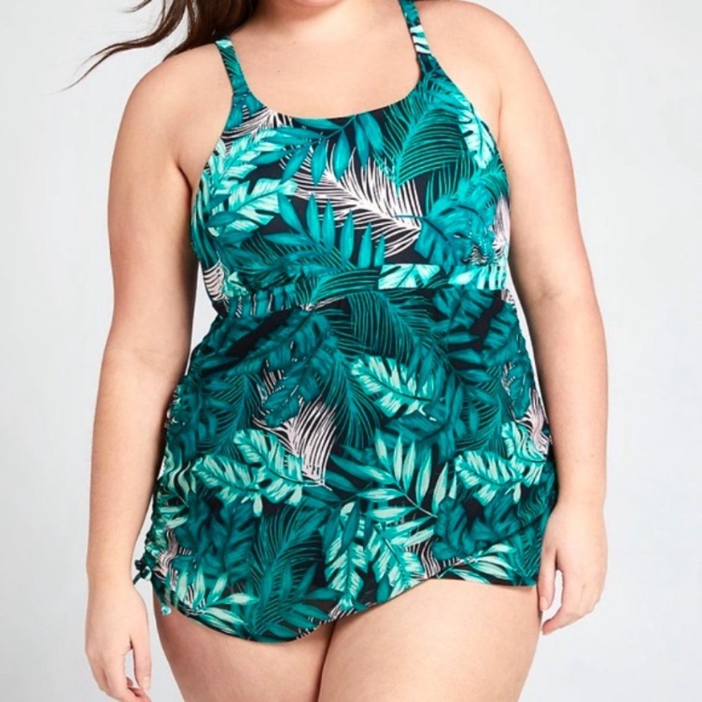 Cacique Ruched Convertible One Piece Palm Leaves Swim… Gem